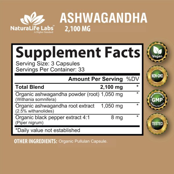 Envase Ashwagandha pura 2100mg para estrés y ánimo