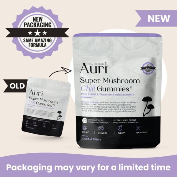 Envase Auri Super Mushroom Chill gomitas para estrés y relajación