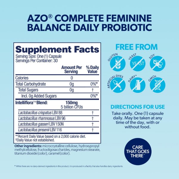Envase frontal AZO Complete Feminine Balance probiótico vaginal 30 cápsulas