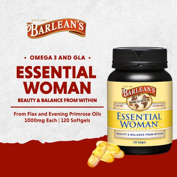 Envase Barlean's Essential Woman suplemento femenino con Omega 3 6 9