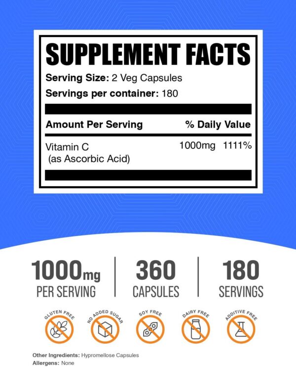 Envase BulkSupplements ácido ascórbico cápsulas vitamina c