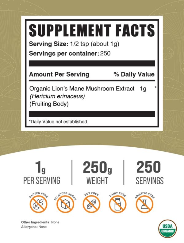 Envase BulkSupplements polvo melena de león vegano saludable