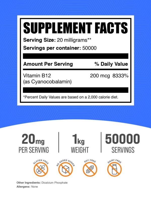 Envase BulkSupplements vitamina B12 polvo 200 mcg sin gluten