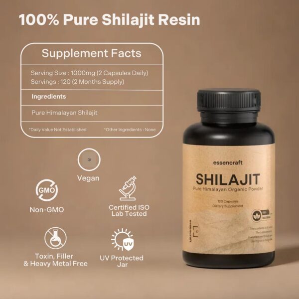 Envase y caja de suplemento de shilajit orgánico Essencraft