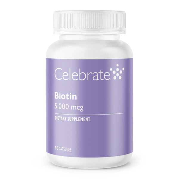 Envase cápsulas biotina 5000 mcg celebrate para salud capilar