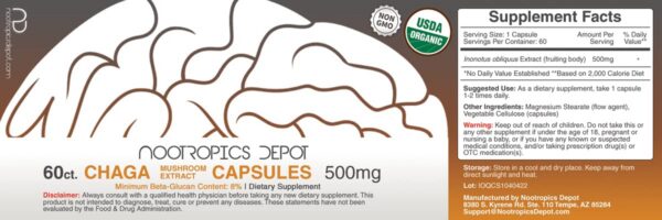 Envase de cápsulas de hongo Chaga 500mg
