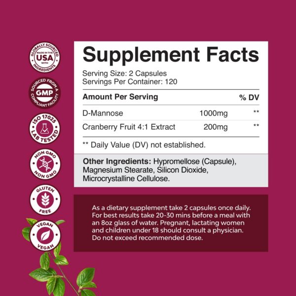 Envase cápsulas D Mannose extracto arándano salud urinaria