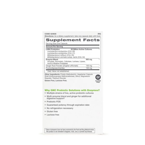 Envase y cápsulas GNC Probiotic Solutions con enzimas