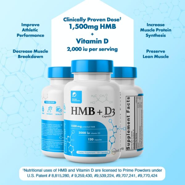 Envase y cápsulas HMB y vitamina D3 para salud muscular Prime Powders