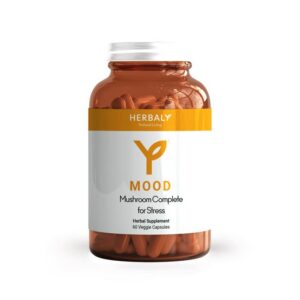 Envase de cápsulas de hongos HERBALY para estado de ánimo