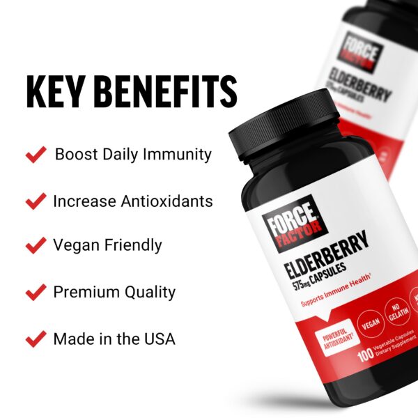 Version 1.0.0 Envase de cápsulas de saúco Force Factor mostrado de cerca