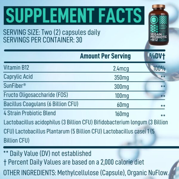 Envase cápsulas Vegan Probiotic Plus B12 para mujeres y hombres