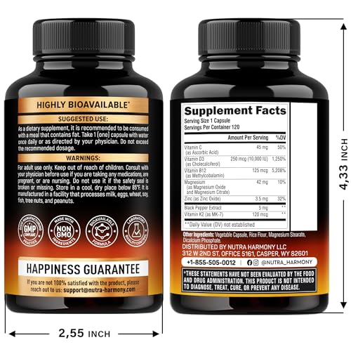 Envase vitaminas D3 K2 NutraHarmony con minerales y vitaminas