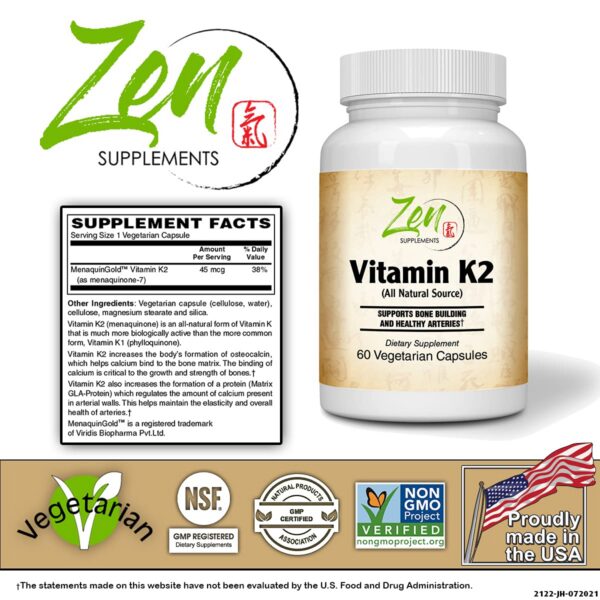 Envase cápsulas vitamina K2 MK-7 Zen Supplements blanco 60 cápsulas