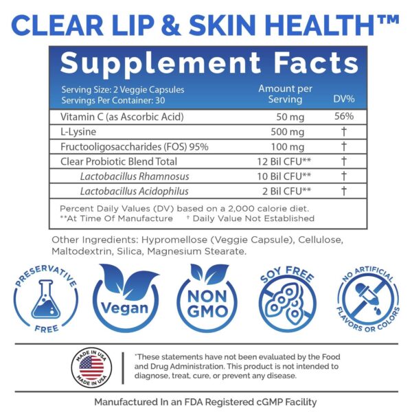 Envase Clear Probiotics tratamiento herpes labial 60 cápsulas