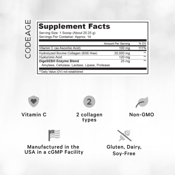 Envase frontal del polvo de colágeno Codeage con vitamina C