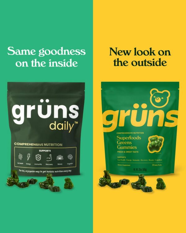 Envase frontal Gruns gomitas superfood para salud digestiva