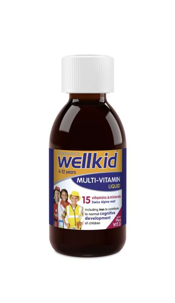 Envase frontal multivitaminico liquido wellkid niños vitabiotics
