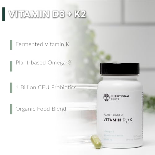 Envase frontal Nutritional Roots vitamina D3 y K2 cápsulas