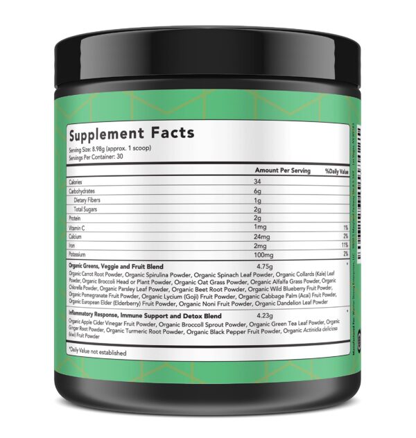 Envase frontal polvo superalimentos verdes orgánico