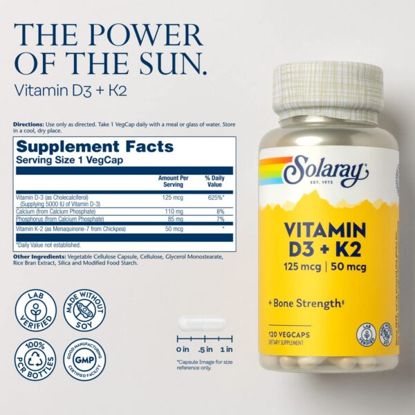 Envase frontal SOLARAY Vitamina D3 y K2 para salud ósea