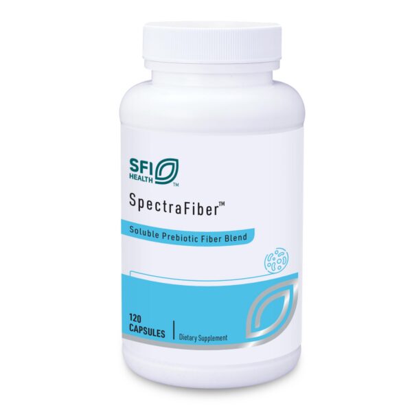 Envase frontal Spectrafiber Klaire Labs mezcla de fibra soluble 120 cápsulas