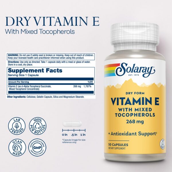 Envase frontal vitamina e solaray 50 cápsulas antioxidante