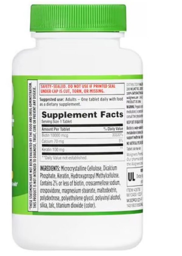 Envase frontal Walgreens Biotina más Queratina 150 tabletas