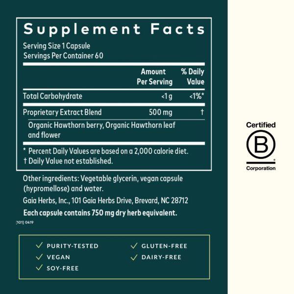 Envase Gaia Herbs suplemento espino para corazón 60 cápsulas