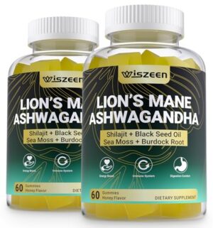 Envase de gomitas de ashwagandha y melena de león Wiszeen
