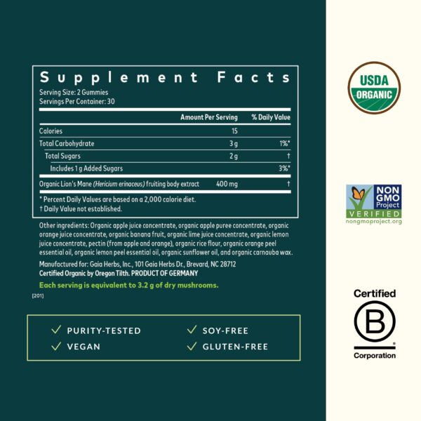 Envase de gomitas Gaia Herbs Melena de León extracto orgánico para mente sana