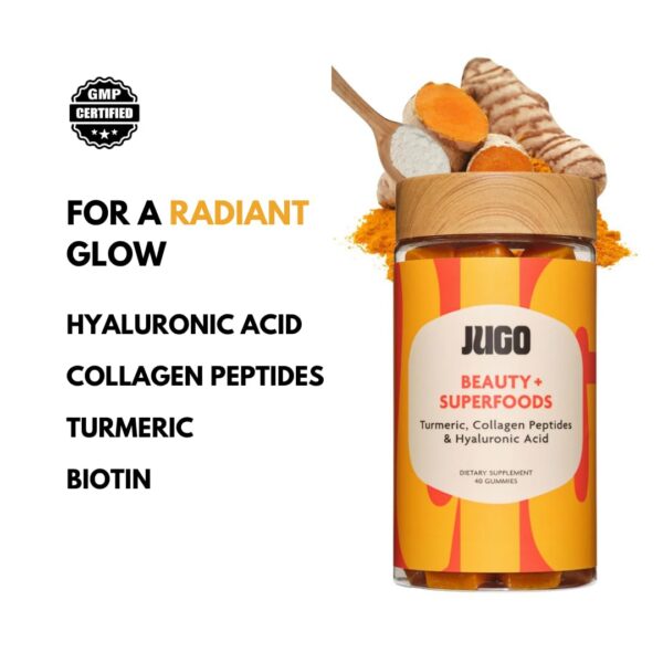 Envase de gomitas JUGO Beauty + Superfood biotina y ácido hialurónico