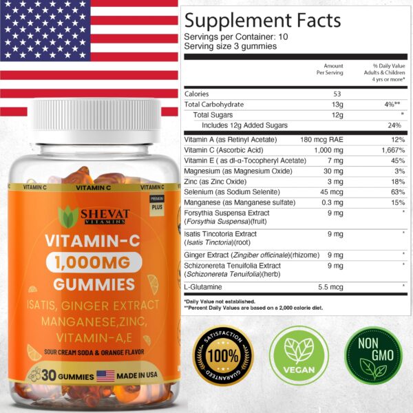 Envase gomitas Shevat Vitamins vitamina C y zinc 30 unidades