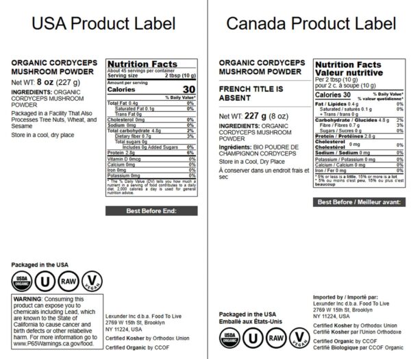 Envase a granel de polvo de hongo Cordyceps