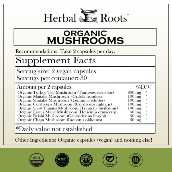 Envase Herbal Roots cápsulas de hongos orgánicos 60 veganas