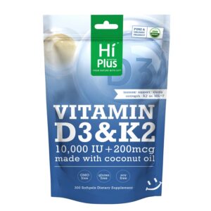 Envase HiPlus Vitamina D3 K2 10,000 UI 300 softgels
