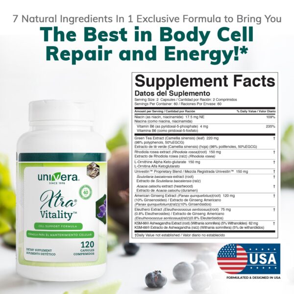 Envase lateral frasco suplemento Univera Xtra Vitality 120 cápsulas