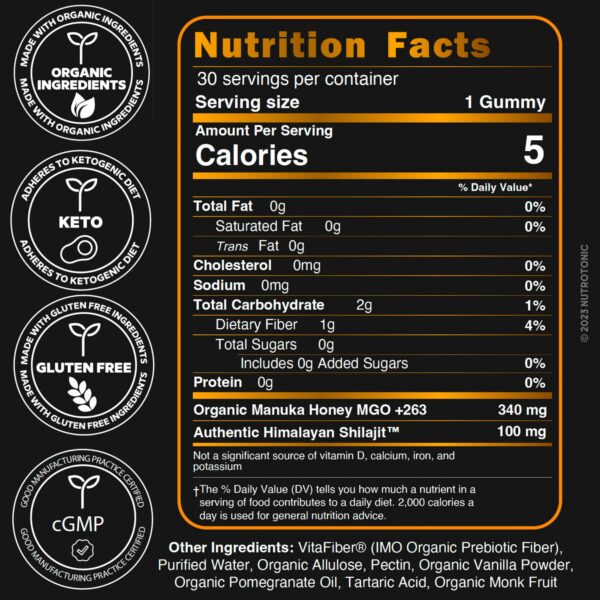 Envase lateral gomitas SHILAJIT NutroTonic salud celular y cerebral