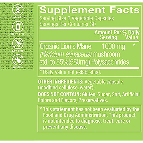 Envase de Lion's Mane polvo orgánico para cerebro