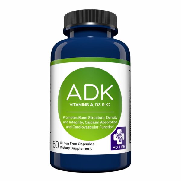 Envase MD.LIFE suplemento vitamina adk 60 cápsulas