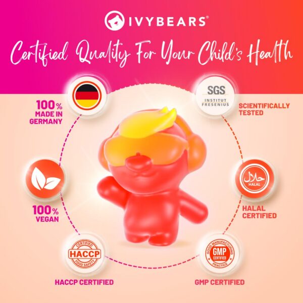 Envase de multivitaminas IvyBears Superpower sabor frutas para niños