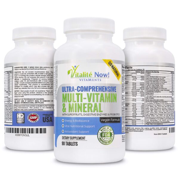 Envase multivitamínico vegano Vitalité Now vista lateral