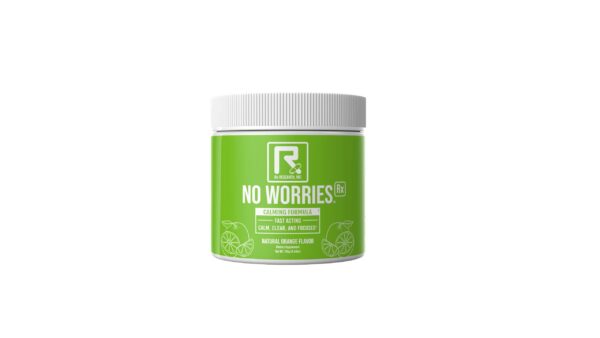Envase de No Worries Rx suplemento calmante en polvo 4.44 oz