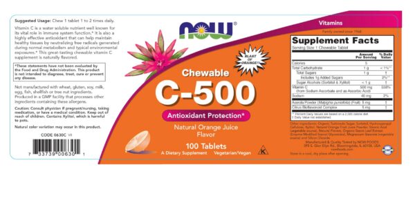 Envase NOW Foods Vitamina C-500 masticable 100 tabletas