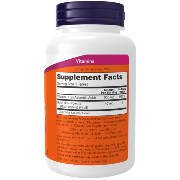 Envase NOW Foods vitamina C 500mg antioxidante con rosa mosqueta