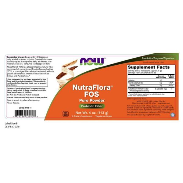 Envase NOW Nutra Flora Fos polvo 4 onzas vista frontal