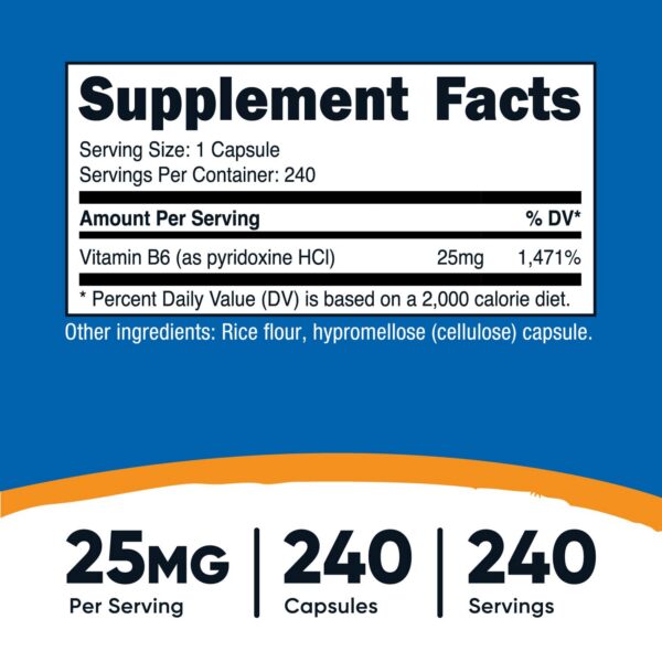 Envase Nutricost vitamina b6 apoya salud nerviosa y metabolismo