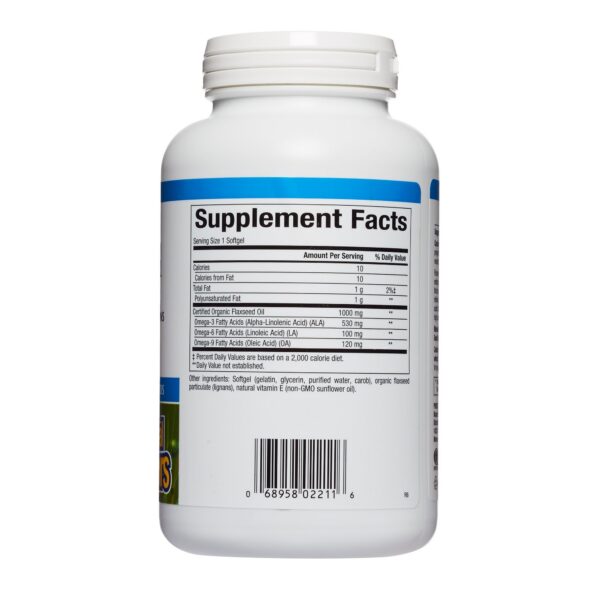 frontal del envase de omega factors natural factors aceite linaza