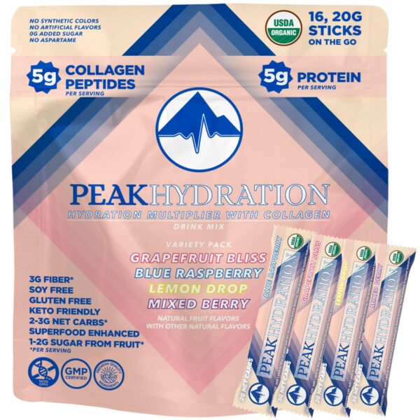 Frente del envase Peak Hydration electrolito con colágeno