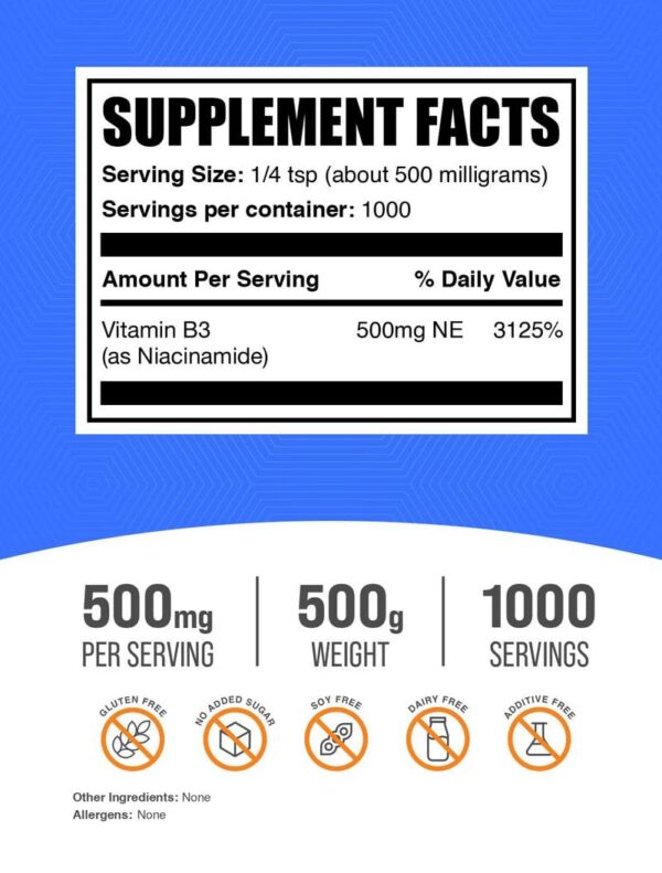 Envase de polvo BulkSupplements niacinamida 500mg